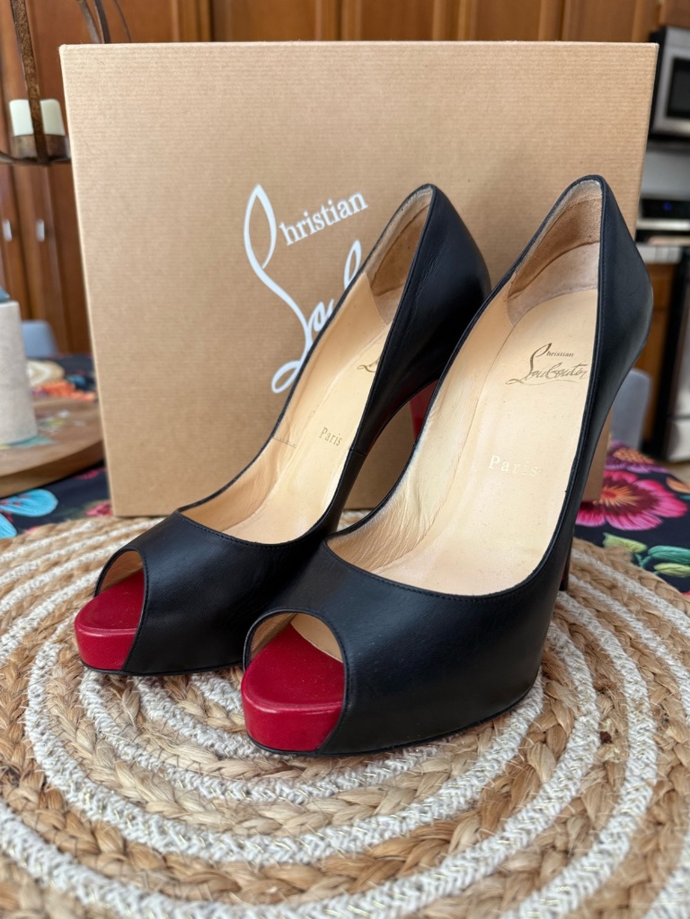 Christian Louboutin Black Leather Peep-Toe Pumps with Red Platform